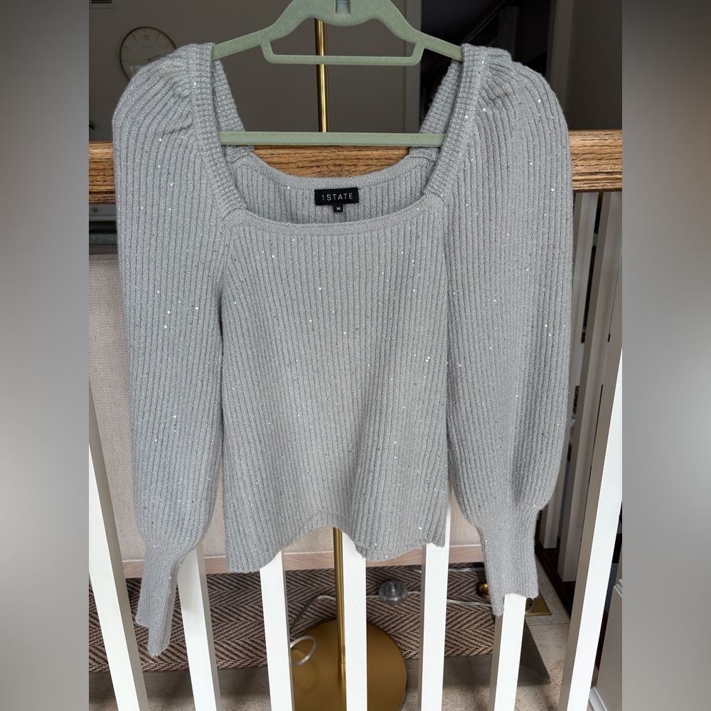 1 STATE Gray Ribbed Knit Square Neck Sweater